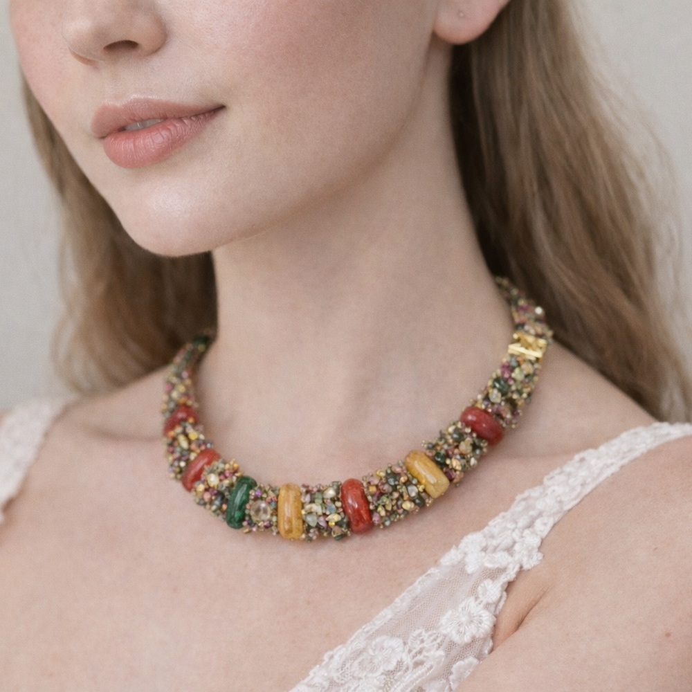 Handmade Seed Bead & Amethyst Necklace – Multicolor Statement Choker